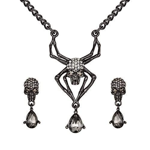 EVER FAITH Gothic Skull Schmuckset Vintage Kostüm Spinnenskelett Teardrop Rund Kristall Halloween Halskette und Ohrringe Set für Abschlussball Grau Schwarz-Tone von EVER FAITH