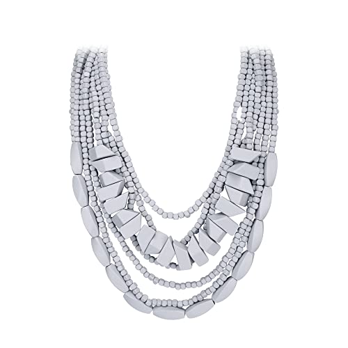 EVER FAITH Grau Statement Mehrschichtige Chunky Halskette, Vintage Boho Holz Perlen Strand Bib Halskette für Damen Mädchen von EVER FAITH
