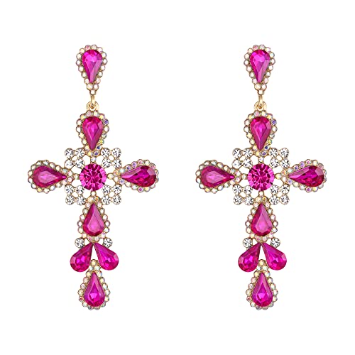 EVER FAITH Große Kreuz Ohrringe für Damen Mädchen Strass-Kristall Kreuz Vintage böhmischer Boho lange Ohrstecker Fuchsia von EVER FAITH