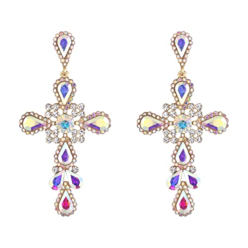 EVER FAITH Große Kreuz Ohrringe für Damen Mädchen Strass-Kristall Kreuz Vintage böhmischer Boho lange Ohrstecker Iridescent Klar AB von EVER FAITH