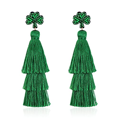 EVER FAITH Grün Quaste Ohrringe für St. Patrick's Day grüne Blatt Boho Gestaffelt Tassel Ohrringe für Damen von EVER FAITH