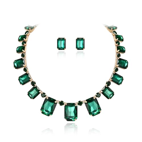 EVER FAITH Grün Schmuckset quadratischer Strass-Kristall glitzernder Art Deco Kostüm Statement Halskette und Ohrstecker Set von EVER FAITH