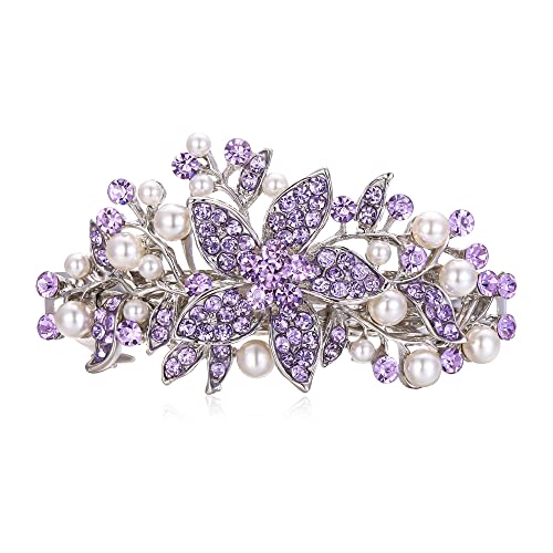 EVER FAITH Haarspange Österreichisches Kristall Braut Hibiskus Blume Blatt Creme simulierte Perle Barrette Haarschmuck Lila Silber-Tone von EVER FAITH