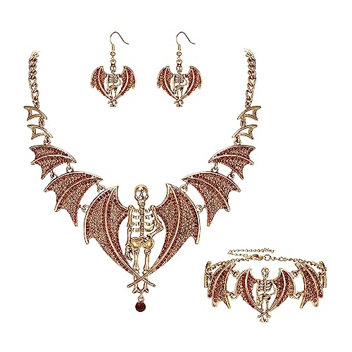 EVER FAITH Halloween Schmuck Damen österreichischen Kristall Schmuck Kostüm Halloween Gothic Tiere Fledermaus Skelett Halskette Armband Ohrhänger Set für Prom Party Braun Antik Gold-Ton von EVER FAITH