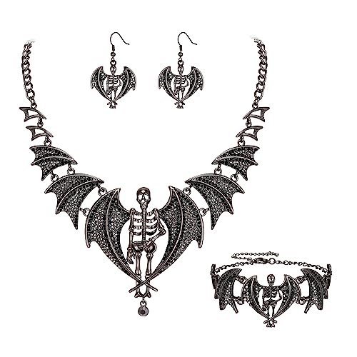 EVER FAITH Halloween Schmuck Damen österreichischen Kristall Kostüm Gothic Tiere Fledermaus Skelett Halskette Armband Ohrhänger Set für Prom Party Schwarz Schwarz-Ton von EVER FAITH