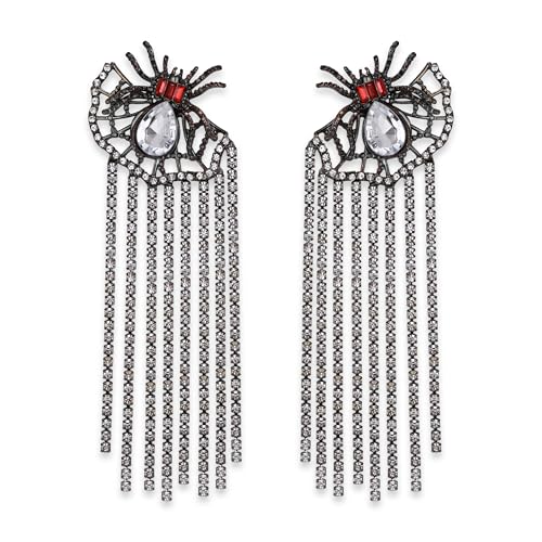 EVER FAITH Halloween Spinnennetz Ohrringe, Gotik-Stil Strass Schwarz Rot Spinne Quaste Tropfen Baumeln Ohrringe Kostüm Statement Schmuck für Cosplay Party von EVER FAITH