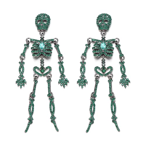EVER FAITH Halloween Strass Skelett Hängende Ohrstecker, Gothic Statement Ghost Punk Skull Bone Drop Modeschmuck für Halloween Theme Party Grün Schwarz-Ton von EVER FAITH