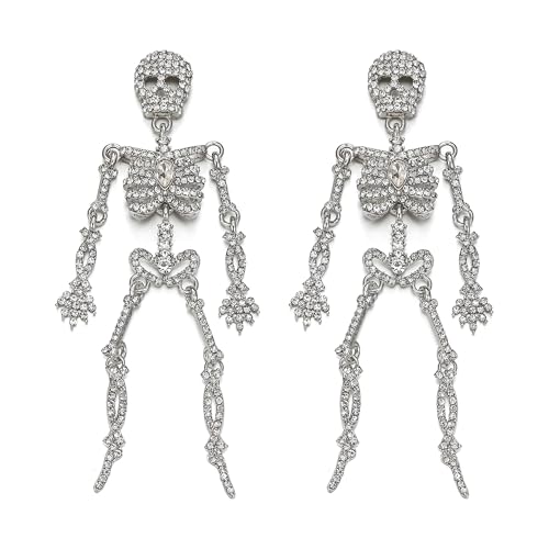 EVER FAITH Halloween Strass Skelett Hängende Ohrstecker, Gothic Statement Ghost Punk Skull Bone Drop Modeschmuck für Halloween Theme Party Klar Silber-Ton von EVER FAITH