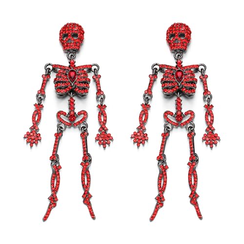 EVER FAITH Halloween Strass Skelett Hängende Ohrstecker, Gothic Statement Ghost Punk Skull Bone Drop Modeschmuck für Halloween Theme Party Rot Schwarz-Ton von EVER FAITH