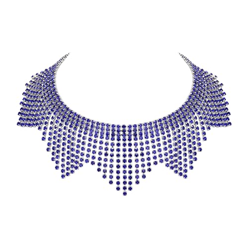 EVER FAITH Halskette Strass Kristall Quaste Fransenkette Sommer Club Accessoires Glitzernde Choker Blau Silber-Ton von EVER FAITH