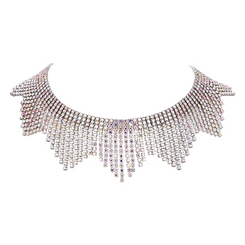 EVER FAITH Halskette Strass Kristall Quaste Fransenkette Sommer Club Accessoires Glitzernde Choker Schillernder Klar AB-Silber-Ton von EVER FAITH