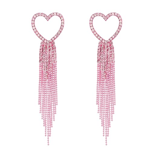 EVER FAITH Herz Quaste baumeln Ohrringe für Damen Mädchen, Strass Kristall lange Wasserfall Perlen Fransen Kronleuchter Tropfen Statement Hochzeit Schmuck Rosa Rosa-Ton von EVER FAITH