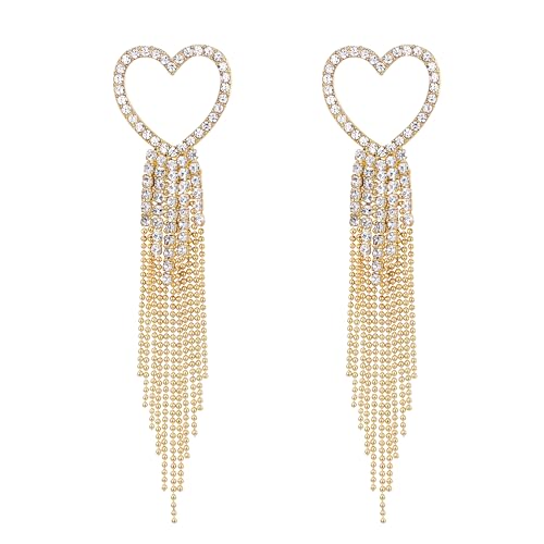 EVER FAITH Herz Quaste baumeln Ohrringe für Damen Mädchen, Strass Kristall lange Wasserfall Perlen Fransen Kronleuchter Tropfen Statement Hochzeit Schmuck Klar Gold-Ton von EVER FAITH