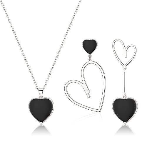 EVER FAITH Herz-Schmuck-Set für Damen Schwarzes Herz Anhänger Halskette und Asymmetrische Ohrringe Set Schmuck Geschenke für Damen Silber-Ton von EVER FAITH