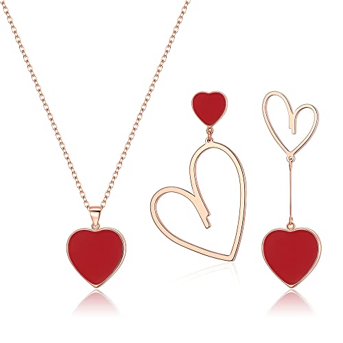 EVER FAITH Herz-Schmuck-Set für Damen rot Herz Anhänger Halskette und Asymmetrische Ohrringe Set Schmuck Geschenke für Damen Rosegold-Ton von EVER FAITH