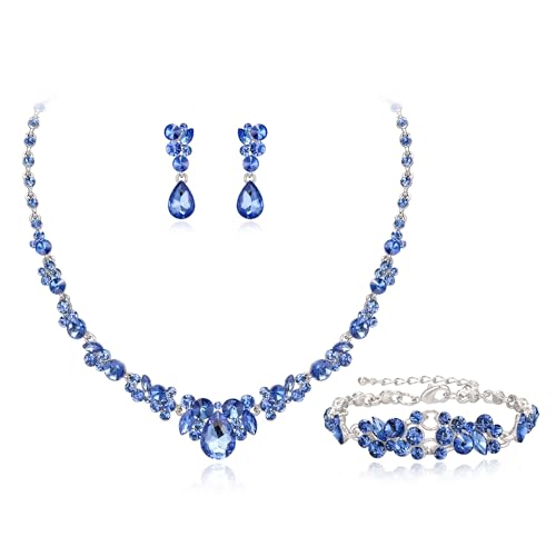 EVER FAITH Hochzeit Kristall-Schmuck-Sets für Glamour Teardrop Strass Halskette Dangle Ohrringe Armband-Sets für Damen Blau Silber-Ton EVER FAITH Hochzeit Kristall-Schmuck-Sets für Glamour Teardrop Strass Halskette Dangle Ohrringe Armband-Sets für Damen Blau Silber-Ton von EVER FAITH