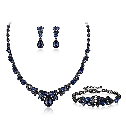EVER FAITH Hochzeit Kristall-Schmuck-Sets für Glamour Teardrop Strass Halskette Dangle Ohrringe Armband-Sets für Damen Marineblau von EVER FAITH
