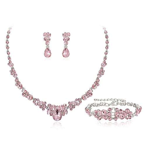 EVER FAITH Hochzeit Kristall-Schmuck-Sets für Glamour Teardrop Strass Halskette Dangle Ohrringe Armband-Sets für Damen rosa Silber-Ton von EVER FAITH