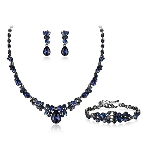 EVER FAITH Hochzeit Kristall-Schmuck-Sets für Glamour Teardrop Strass Halskette Ohrclips Armband-Sets für Damen dunkel Blau von EVER FAITH
