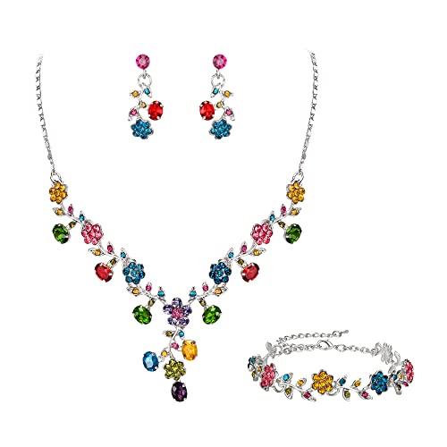 EVER FAITH Hochzeit Party Schmuck Set für Braut österreichischen Kristall Cluster Blume Kostüm Halskette Ohrringe Armband Bunt Silber-Ton von EVER FAITH