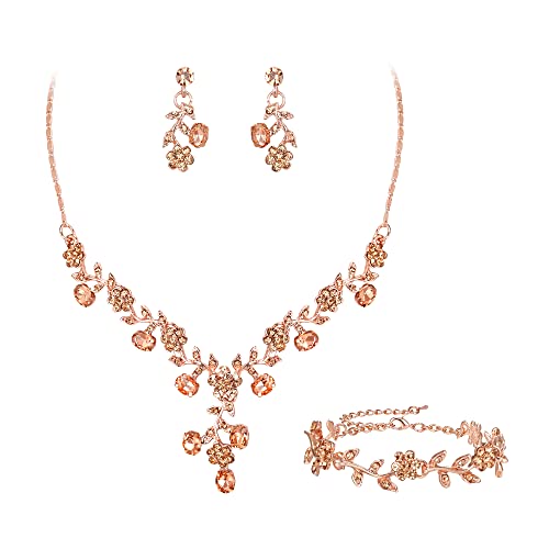 EVER FAITH Hochzeit Party Schmuck Set für Braut österreichischen Kristall Cluster Blume Kostüm Halskette Ohrringe Armband Set Champagner Rose Gold-Ton von EVER FAITH