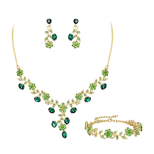 EVER FAITH Hochzeit Party Schmuck Set für Braut österreichischen Kristall Cluster Blume Kostüm Halskette Ohrringe Armband Grün Gold-Tone von EVER FAITH