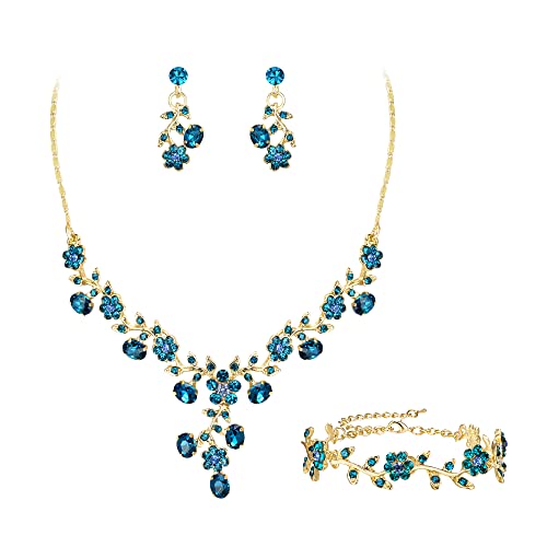 EVER FAITH Hochzeit Party Schmuck Set für Braut österreichischen Kristall Cluster Blume Kostüm Halskette Ohrringe Armband Himmelblau Gold-Ton von EVER FAITH