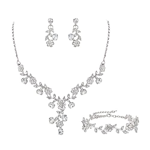 EVER FAITH Hochzeit Party Schmuck Set für Braut österreichischen Kristall Cluster Blume Kostüm Halskette Ohrringe Armband Klar Silber-Ton von EVER FAITH