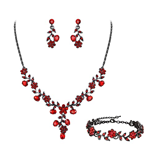 EVER FAITH Hochzeit Party Schmuck Set für Braut österreichischen Kristall Cluster Blume Kostüm Halskette Ohrringe Armband Rot Schwarz-Ton von EVER FAITH