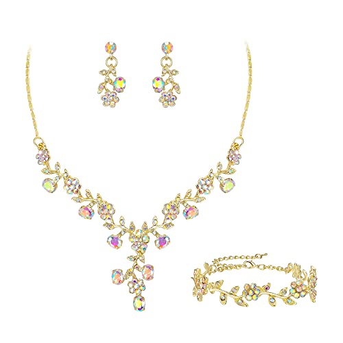 EVER FAITH Hochzeit Party Schmuck Set für Braut österreichischen Kristall Cluster Blume Kostüm Halskette Ohrringe Armband Schillernd Klar AB Gold-Tone von EVER FAITH