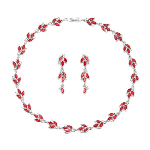 EVER FAITH Hochzeit Prom Schmuck Set für Braut Brautjungfer, Marquise Strass Kristall Cluster Blatt Choker Halskette baumeln Ohrringe für Damen Rot Silber-Ton von EVER FAITH