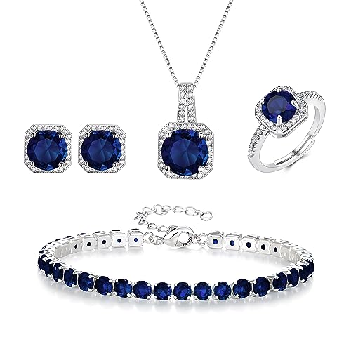 EVER FAITH Hochzeit Quadrat Cubic Zirkonia Schmuck Sets für Braut Brautjungfer, Glamour Anhänger Halskette Ohrringe Tennis Armband Offene Ring Sets für Damen Blau Silber-Ton von EVER FAITH