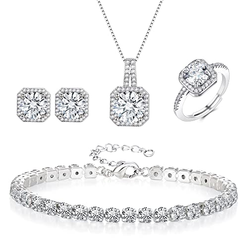 EVER FAITH Hochzeit Quadrat Cubic Zirkonia Schmuck Sets für Braut Brautjungfer, Glamour Anhänger Halskette Ohrringe Tennis Armband Offene Ring für Damen Klar Silber-Ton von EVER FAITH