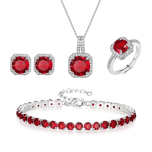 EVER FAITH Hochzeit Quadrat Cubic Zirkonia Schmuck Sets für Braut Brautjungfer, Glamour Anhänger Halskette Ohrringe Tennis Armband Offene Ring für Damen Rot Silber-Ton von EVER FAITH