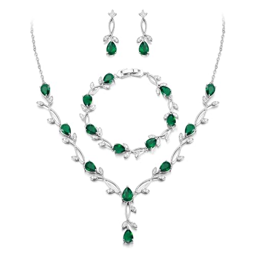 EVER FAITH Hochzeit Schmuck Set für Braut Brautjungfer, Grün Silber-Ton Teardrop Cubic Zirkonia Blatt Rebe Prom Halskette baumeln Ohrringe Armband für Damen von EVER FAITH