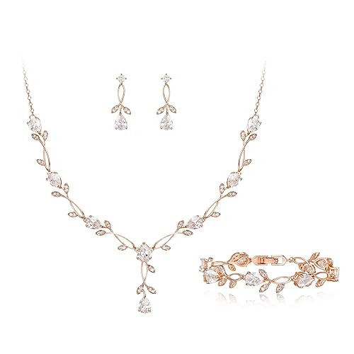 EVER FAITH Hochzeit Schmuck Set für Braut Brautjungfer, Klar Rosegold-Ton Teardrop Cubic Zirkonia Blatt Rebe Braut Prom Halskette baumeln Ohrringe Armband Set für Damen von EVER FAITH