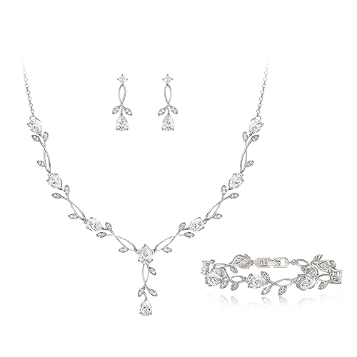EVER FAITH Hochzeit Schmuck Set für Braut Brautjungfer, Klar Silber-Ton Teardrop Cubic Zirkonia Blatt Rebe Prom Halskette baumeln Ohrringe Armband für Damen von EVER FAITH