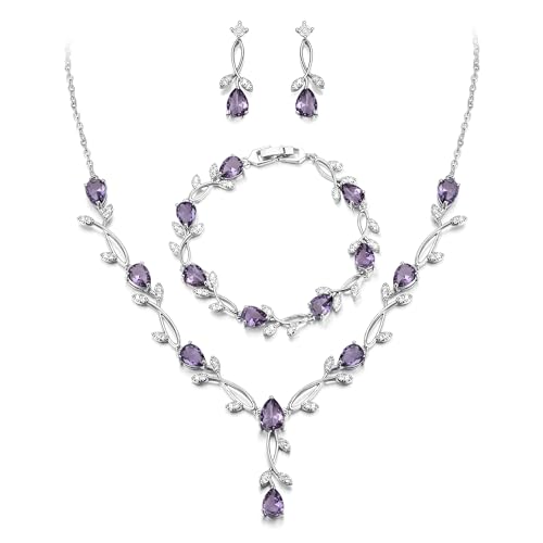 EVER FAITH Hochzeit Schmuck Set für Braut Brautjungfer, Lila Silber-Ton Teardrop Cubic Zirkonia Blatt Rebe Prom Halskette baumeln Ohrringe Armband für Damen von EVER FAITH