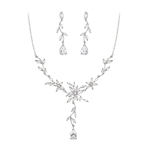 EVER FAITH Hochzeit Schmuck Set für Braut Brautjungfer, Marquise Cubic Zirkonia Blume Blatt Braut Halskette baumeln Ohrringe Set Silber-Ton von EVER FAITH