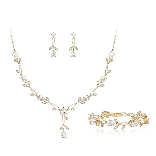 EVER FAITH Hochzeit Schmuck Set für Braut Brautjungfer, weiß vergoldet Teardrop Cubic Zirkonia Blatt Rebe Prom Halskette baumeln Ohrringe Armband für Damen von EVER FAITH