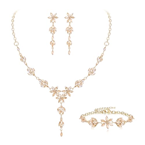 EVER FAITH Hochzeit Schmuck Set für Braut Brautjungfer Strass Kristall Blume Braut Halskette Dangle Ohrringe Armband Set für Damen Braun Gold-Ton von EVER FAITH