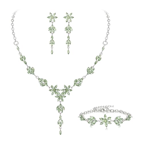 EVER FAITH Hochzeit Schmuck Set für Braut Brautjungfer Strass Kristall Blume Braut Halskette Dangle Ohrringe Armband Set für Damen Hellgrün Silber-Ton von EVER FAITH