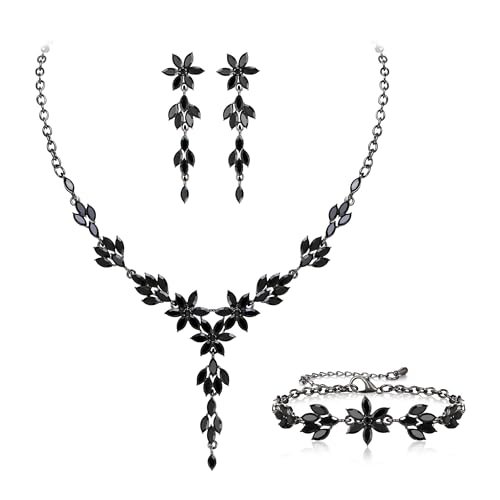 EVER FAITH Hochzeit Schmuck Set für Braut Brautjungfer Strass Kristall Blume Braut Halskette Dangle Ohrringe Armband Set für Damen Schwarz Schwarz-Ton EVER FAITH Hochzeit Schmuck Set für Braut Brautjungfer Strass Kristall Blume Braut Halskette Dangle Ohrringe Armband Set für Damen Schwarz Schwarz-Ton von EVER FAITH