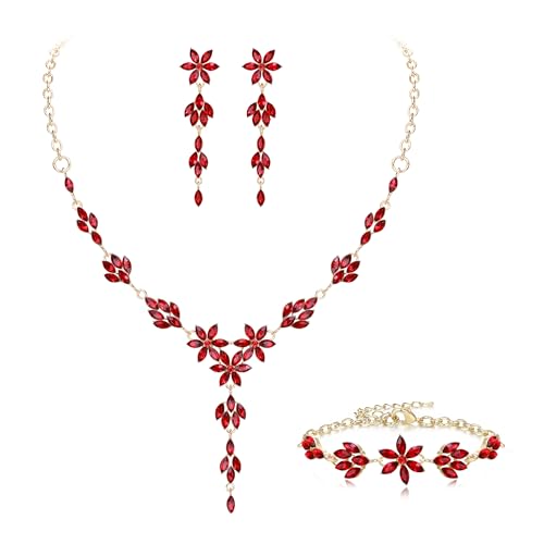 EVER FAITH Hochzeit Schmuck Set für Braut Brautjungfer Strass Kristall Blume Halskette Dangle Ohrringe Armband für Damen Rot Gold-Ton von EVER FAITH