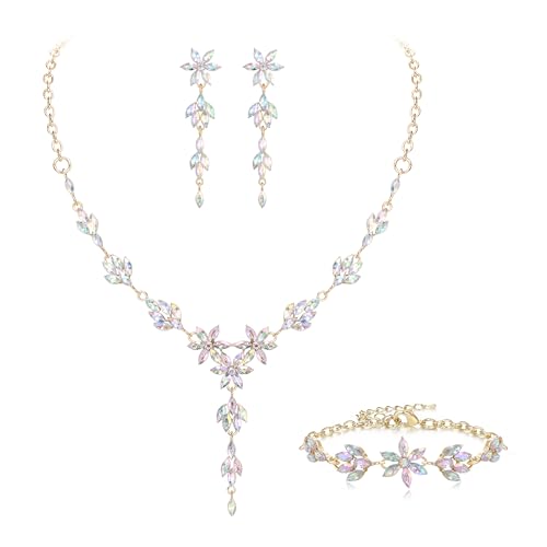 EVER FAITH Hochzeit Schmuck Set für Braut Brautjungfer Strass Kristall Blume Halskette Dangle Ohrringe Armband für Damen Schillernd AB Gold-Ton von EVER FAITH