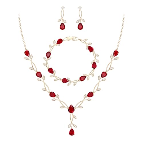 EVER FAITH Hochzeit Schmuckset für Braut Brautjungfer, Rot Gold-Ton Teardrop Cubic Zirkonia Blatt Rebe Braut Prom Halskette baumeln Ohrringe Armband Set für Damen von EVER FAITH