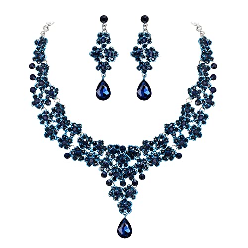 EVER FAITH Hochzeits Brautschmuck Set, Funkelnde Strass Kristallblumen Tränen Halsketten Ohrring Set Blau von EVER FAITH