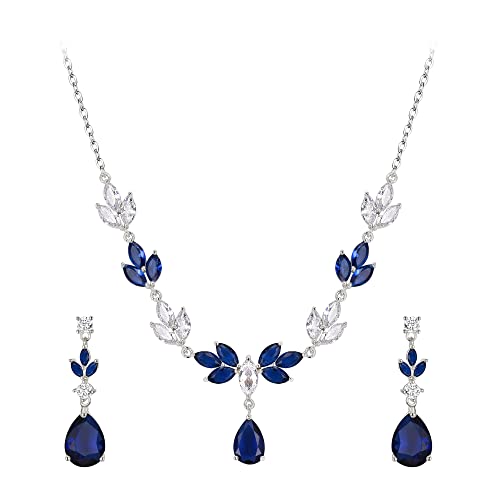 EVER FAITH Hochzeits Schmuck-Set für die Braut Weiß Marquise CZ Elfenbein künstliche Perle V-Form Blume Braut Halskette Ohrringe Set A_Weißvergoldet Blau von EVER FAITH