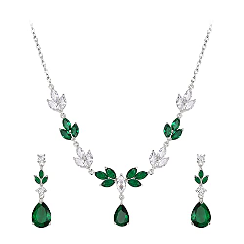 EVER FAITH Hochzeits Schmuck-Set für die Braut Weiß Marquise CZ Elfenbein künstliche Perle V-Form Blume Braut Halskette Ohrringe Set A_Weißvergoldet Grün von EVER FAITH