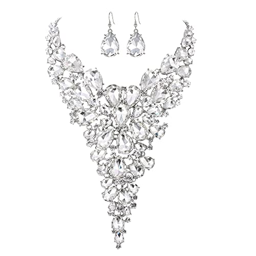 EVER FAITH Hochzeitsfeier Schmuck Set Strass Kristall Blumen Cluster Kragen Halsketten Tränen Ohrring Set klar von EVER FAITH